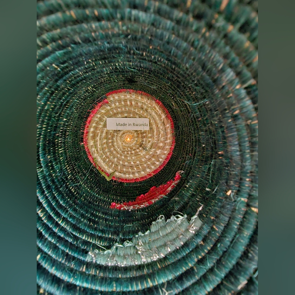 Handmade Rwandan Coiled Sisal Basket Vase Teal with Layered Tassels Boho Art - Picture 6 of 6